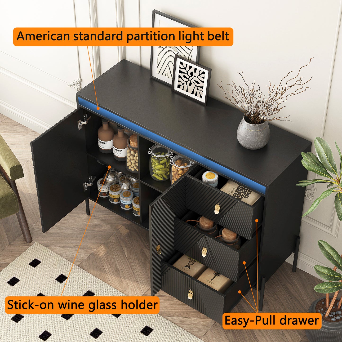 Viva Elite Fluted Sideboard Cabinet – Where Texture Meets Illumination