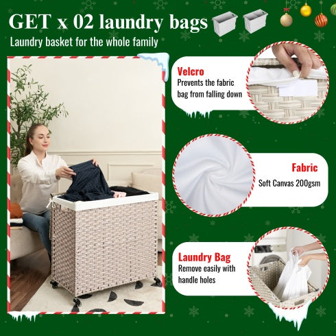 Viva Atelier Cascade 160L Rattan Laundry Hamper with Lid & Removable Bags