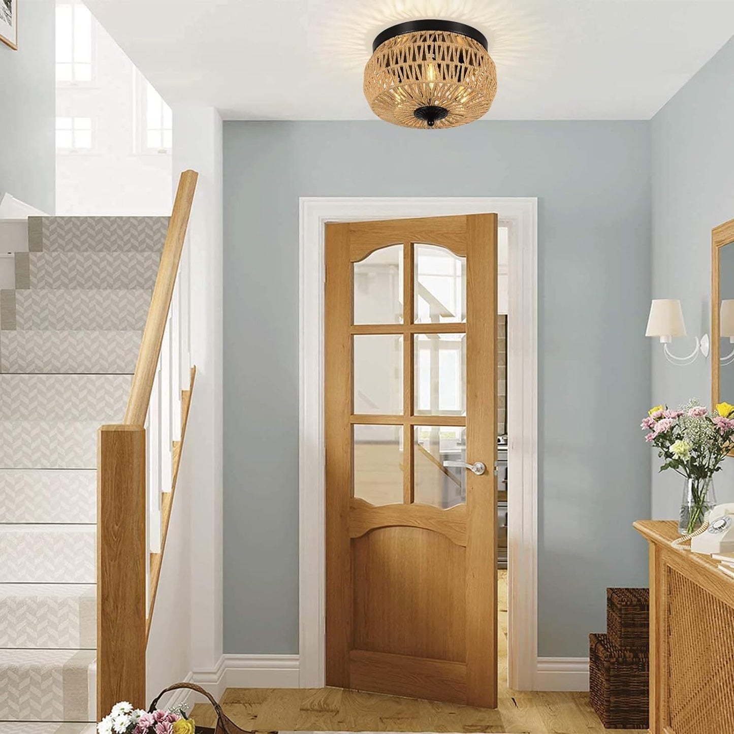 Modern Boho Rattan Chandelier – Handmade 3-Light Pendant for Kitchen, Bedroom & Hallway