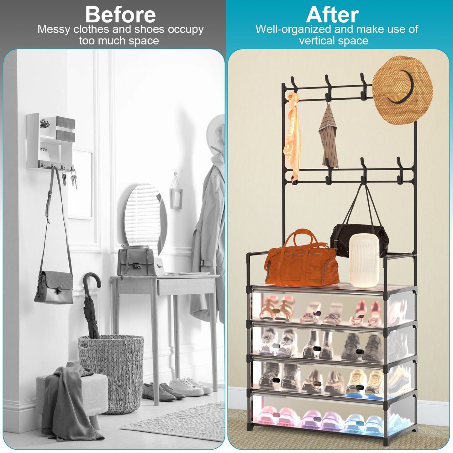 Viva Essentials Collection: 5-Tier Entryway Hall Tree with Coat & Shoe Rack
