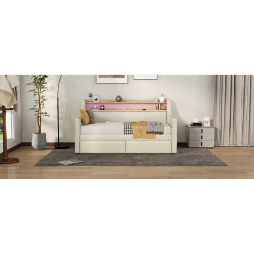 Twin Size Upholstered Daybed with Storage Drawers, LED Lights & Charging Station – Elegant Multifunctional Comfort