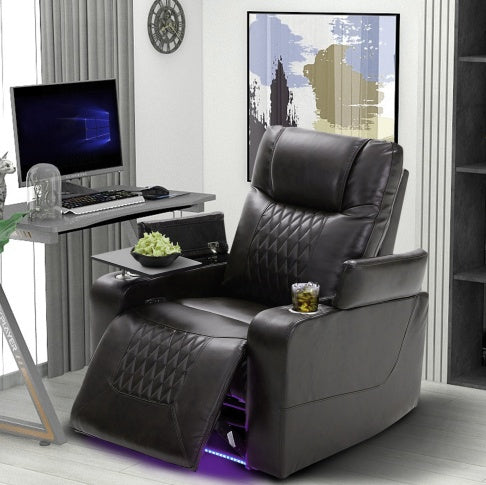 Power Motion Recliner with USB Charging Port, Hidden Arm Storage, and 360° Swivel Tray Table – Brown