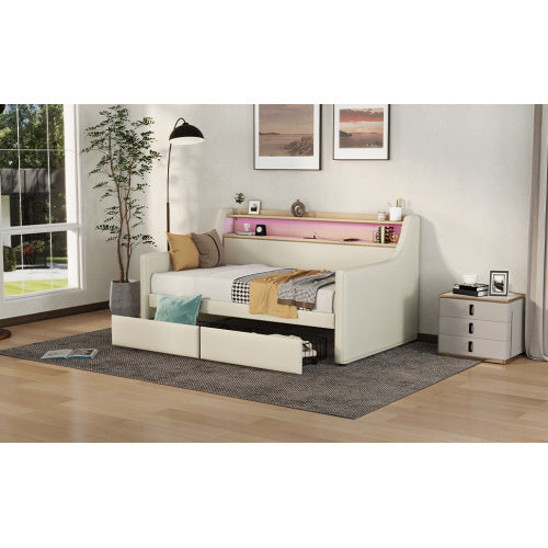 Twin Size Upholstered Daybed with Storage Drawers, LED Lights & Charging Station – Elegant Multifunctional Comfort