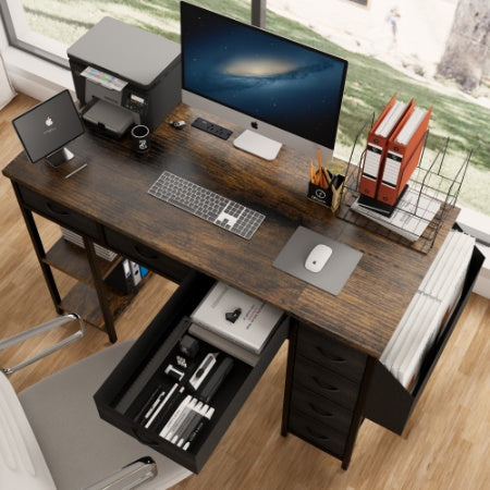 47-Inch Computer Desk with Power Outlet โ Rustic Brown Writing Desk with 7 Fabric Drawers & Large Side Pocket