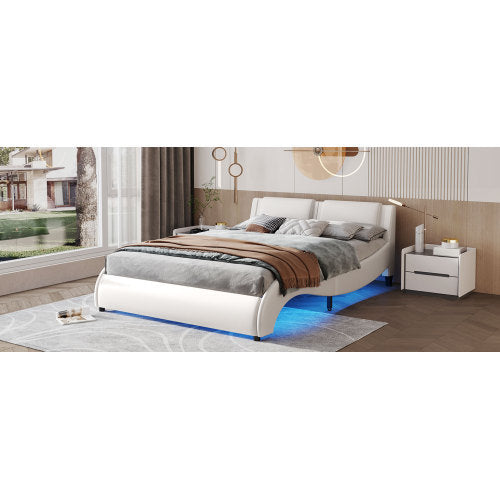 Queen Size Upholstered Faux Leather Platform Bed with LED Light – Modern Elegance & Comfort