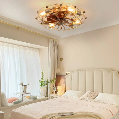 Low-Profile Industrial Cage Ceiling Fan with Light & Remote Control | Modern & Space-Saving Design