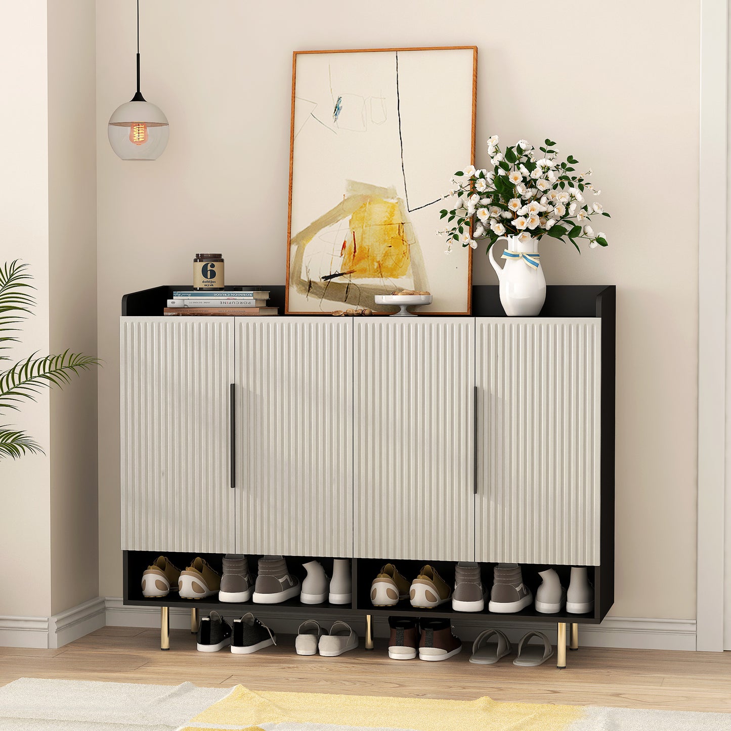 Sideboard,Shoe Cabinet With 4 Doors Large Modern Shoe Storage Organizer Cabinet With Adjustable Shelves For Entryway Black Shoe Rack Cabinet For Living Room, Bedroom