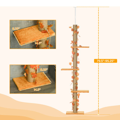 Pawhut Floor To Ceiling Cat Tree, 80- 95 Adjustable Tall Cat Tower, 3-Level Cat Climbing Towe For Indoor Cats With Sisal Scratching Post, Platforms, Leaves, Orange