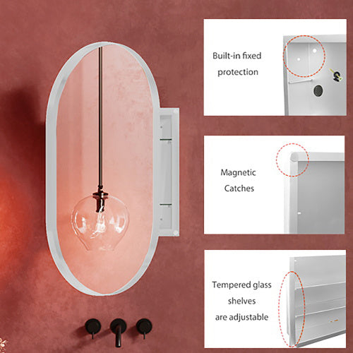 20x34 Inch Oval Recessed Metal Frame Bathroom Wall Cabinet with Mirror & Adjustable Shelves