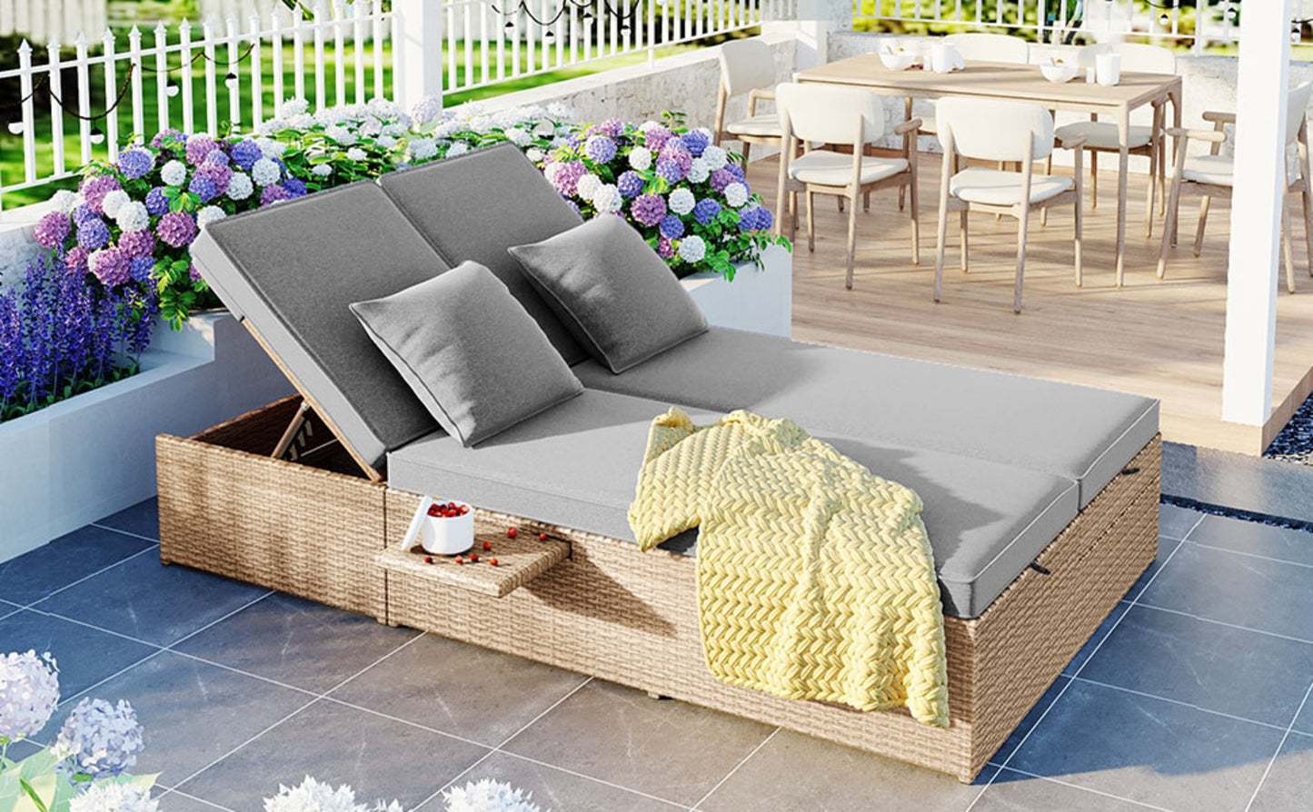 TOPMAX Outdoor Double Sunbed, Wicker Rattan, Adjustable Backrest Seat