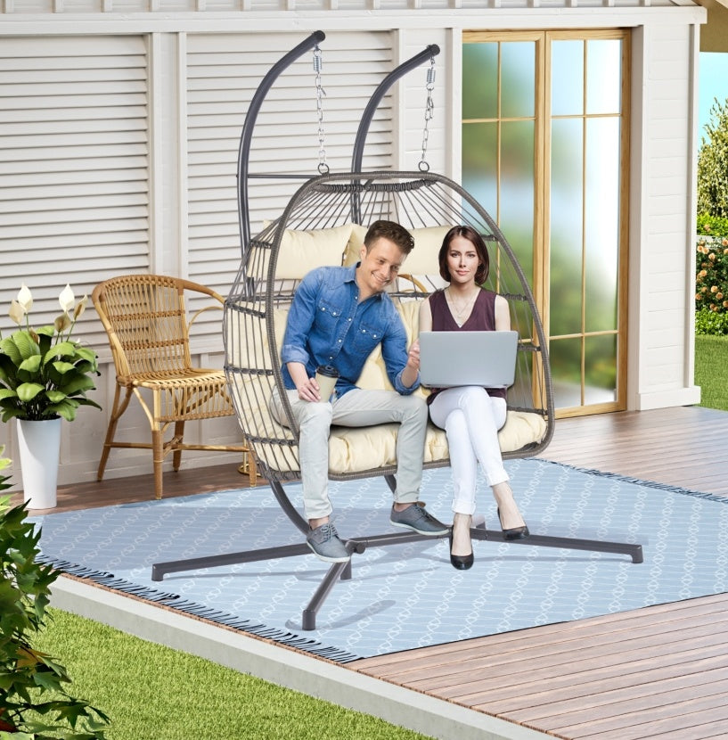 Luxury 2-Person Rattan Hanging Egg Chair | Weather-Resistant Wicker Patio Swing