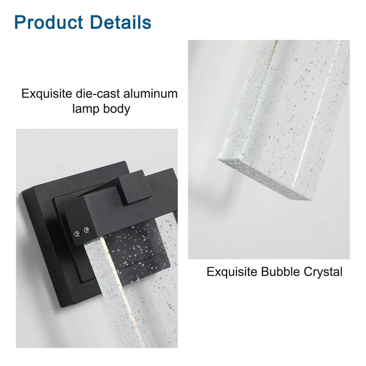 Product details of an exquisite die-cast aluminum lamp body and bubble crystal on a white background.