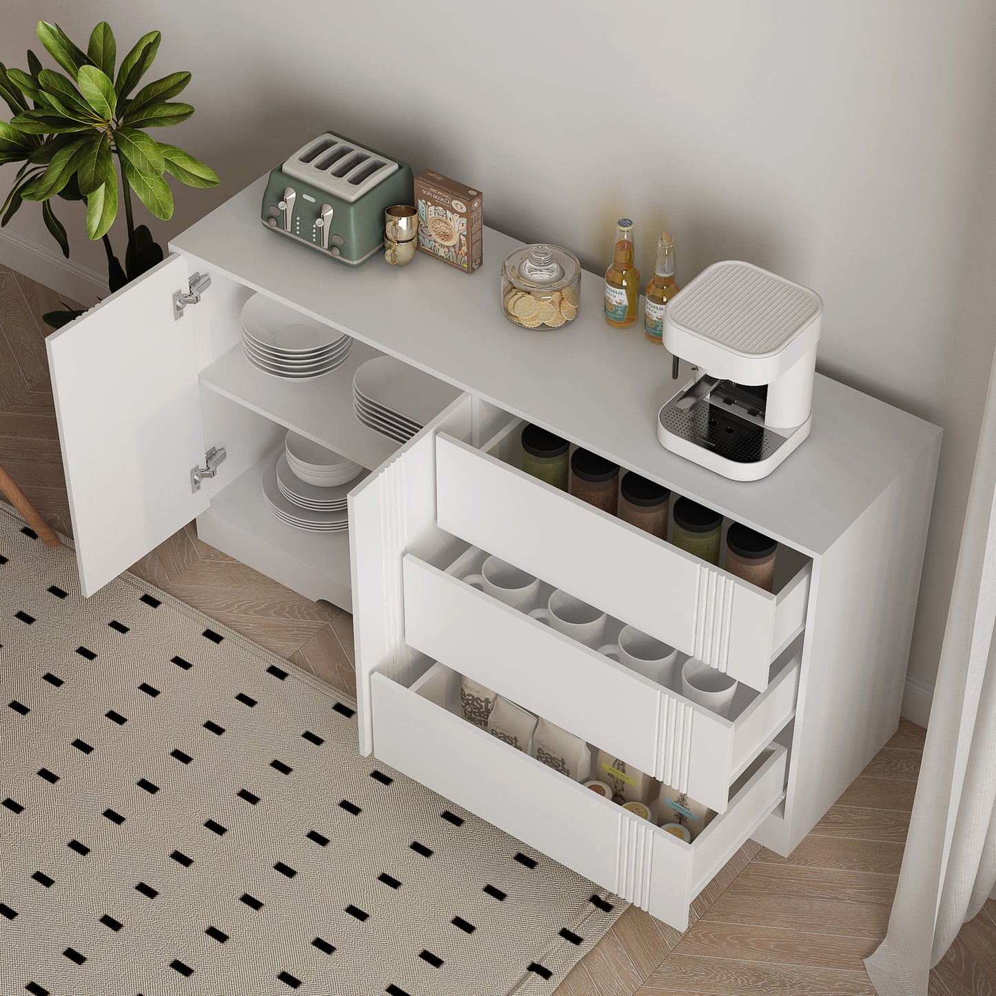 Sideboard Buffet Cabinet With Storage, Modern Kitchen Buffet Storage Cabinet With Drawer And Doors, Large Coffee Bar With Adjustable Shelves For Kitchen