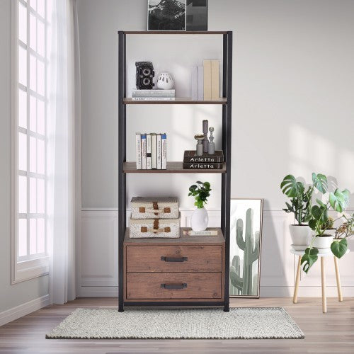 Home office 4-Tier Bookshelf, Simple Industrial Bookcase Standing Shelf Unit Storage Organizer with 4 open storage shelves and two drawers,Brown