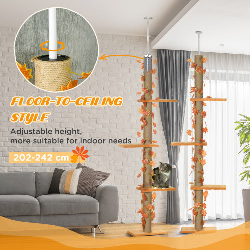 Pawhut Floor To Ceiling Cat Tree, 80- 95 Adjustable Tall Cat Tower, 3-Level Cat Climbing Towe For Indoor Cats With Sisal Scratching Post, Platforms, Leaves, Orange