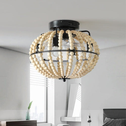 Elegant Beaded Fan Lamp | Handcrafted Wooden Chandelier in Oak White