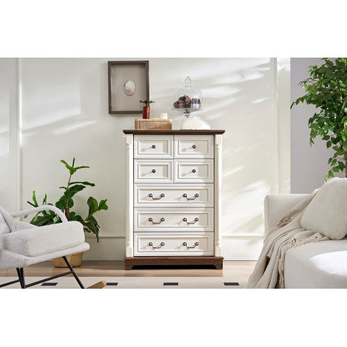 Rustic 7-Drawer Dresser with Wooden Base & Riser Trim – Timeless Elegance for Your Home