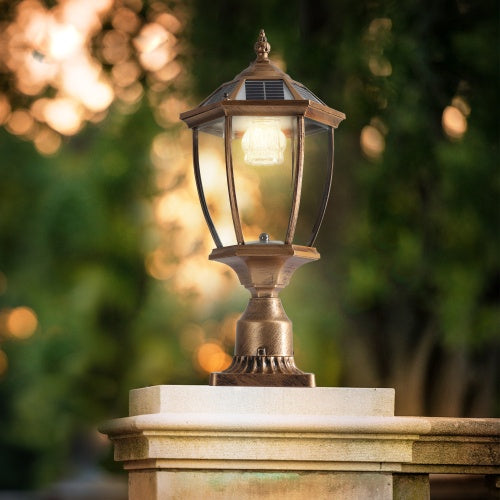 Vintage Gold Solar Pillar Headlight with Dimmable LED – Elegant Outdoor Lighting Solution
