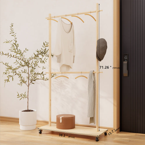 Solid Wood Garment Clothes Rack With 6 Wooden Hangers, Space-Saving Design, Adjustable Shelf, And Wheels For Easy Mobility Perfect For Bedroom, Living Room, Or Entryway