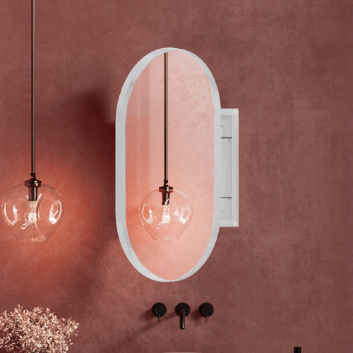 20x34 Inch Oval Recessed Metal Frame Bathroom Wall Cabinet with Mirror & Adjustable Shelves