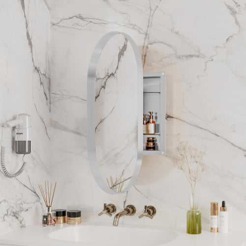 20x34 Inch Oval Recessed Metal Frame Bathroom Wall Cabinet with Mirror & Adjustable Shelves
