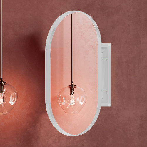 20x34 Inch Oval Recessed Metal Frame Bathroom Wall Cabinet with Mirror & Adjustable Shelves