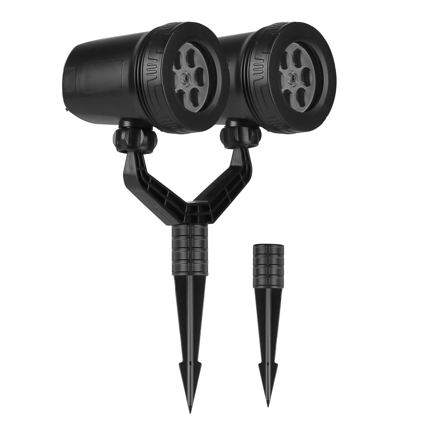 Black outdoor light fixture with two spotlights on a white background
