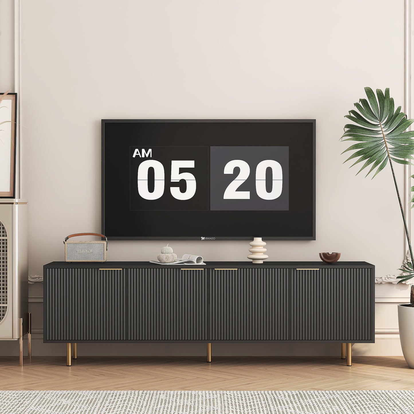 Black Modern TV Stand Fluted , Entertainment Center With Storage Doors, TV Console Media Cabinet, For 55 Inch TV, Living Room