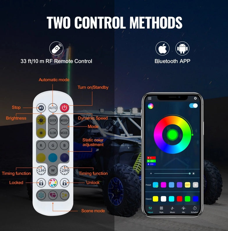 2 Pcs 3FT LED Whip Light with Spring Base – Ultimate RGB Chasing Lights for UTVs, ATVs, and More!
