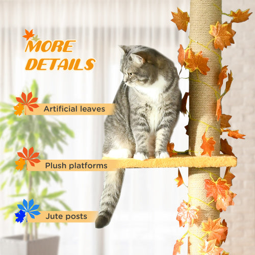 Pawhut Floor To Ceiling Cat Tree, 80- 95 Adjustable Tall Cat Tower, 3-Level Cat Climbing Towe For Indoor Cats With Sisal Scratching Post, Platforms, Leaves, Orange