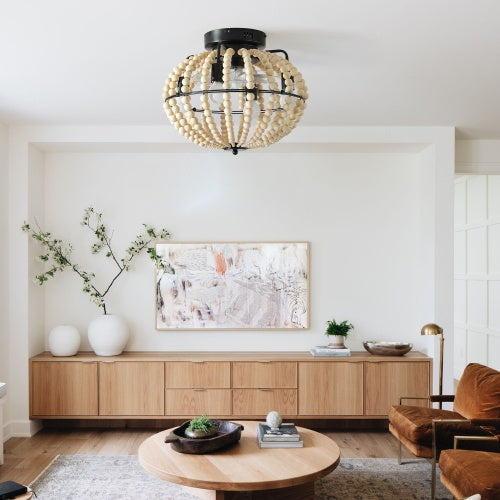 Elegant Beaded Fan Lamp | Handcrafted Wooden Chandelier in Oak White