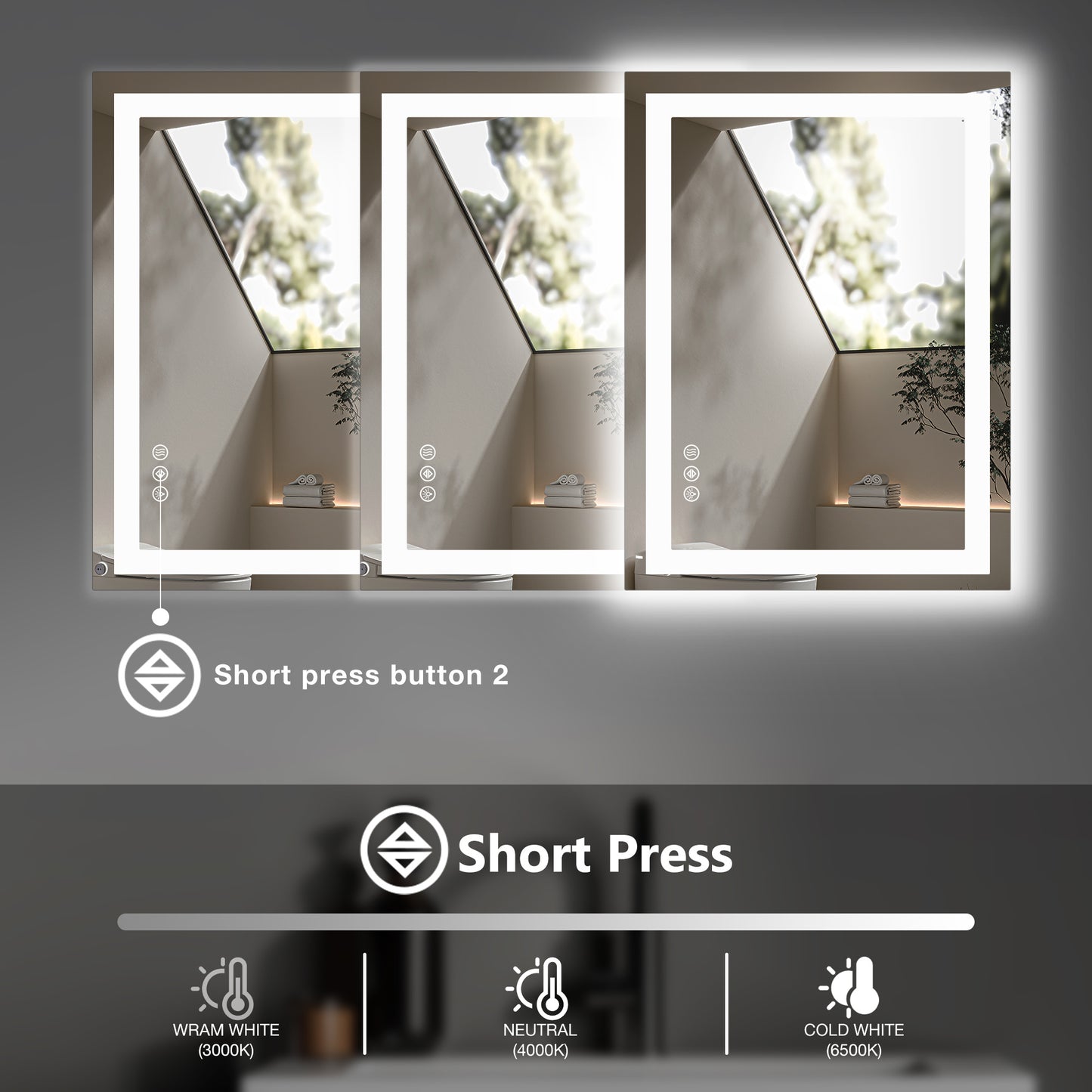 Anti-Fog LED Bathroom Mirror with Dual Light Source & Three Lighting Modes – Smart, Elegant, & Practical