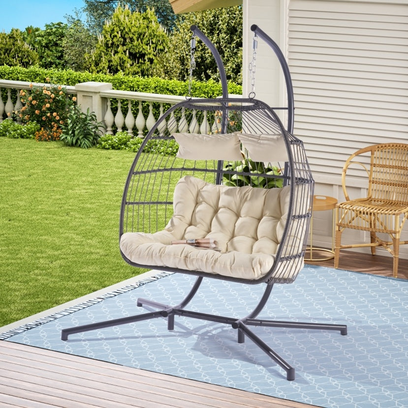 Luxury 2-Person Rattan Hanging Egg Chair | Weather-Resistant Wicker Patio Swing