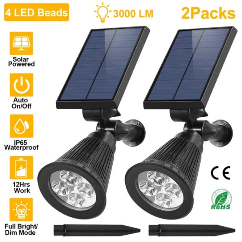 Two solar-powered LED light fixtures with solar panels on a white background.