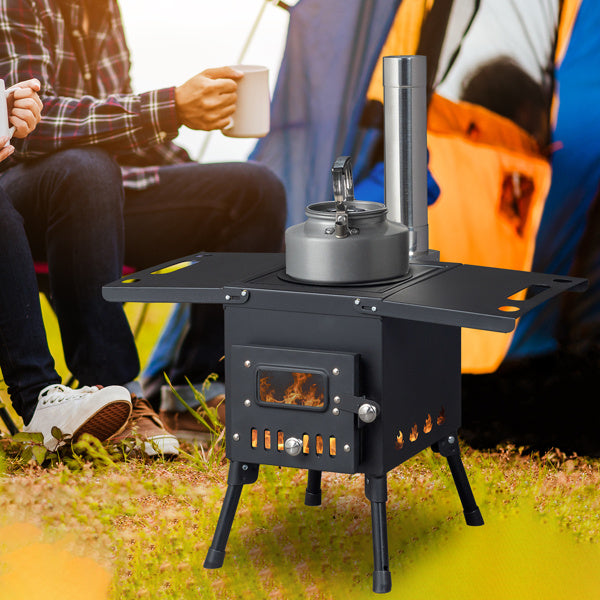 Black Wrought Iron Camping Stove with Chimney – Durable & Efficient Outdoor Cooking