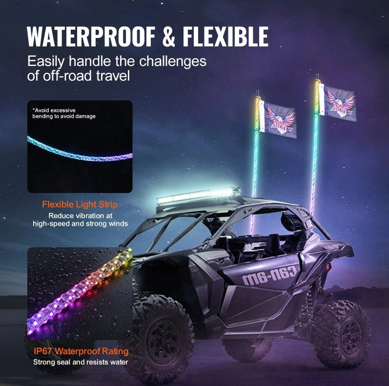 2 Pcs 3FT LED Whip Light with Spring Base – Ultimate RGB Chasing Lights for UTVs, ATVs, and More!