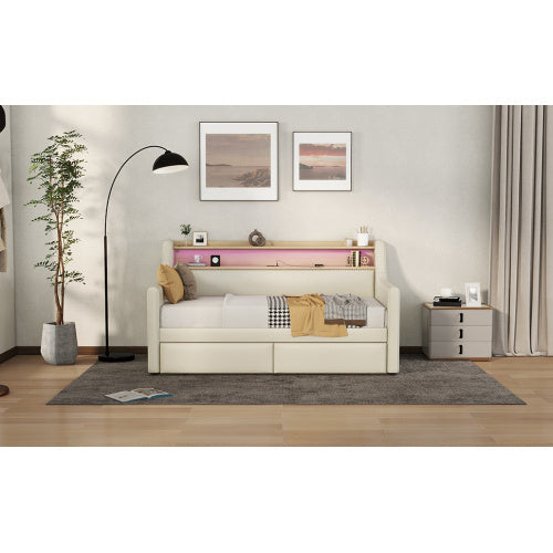 Twin Size Upholstered Daybed with Storage Drawers, LED Lights & Charging Station – Elegant Multifunctional Comfort