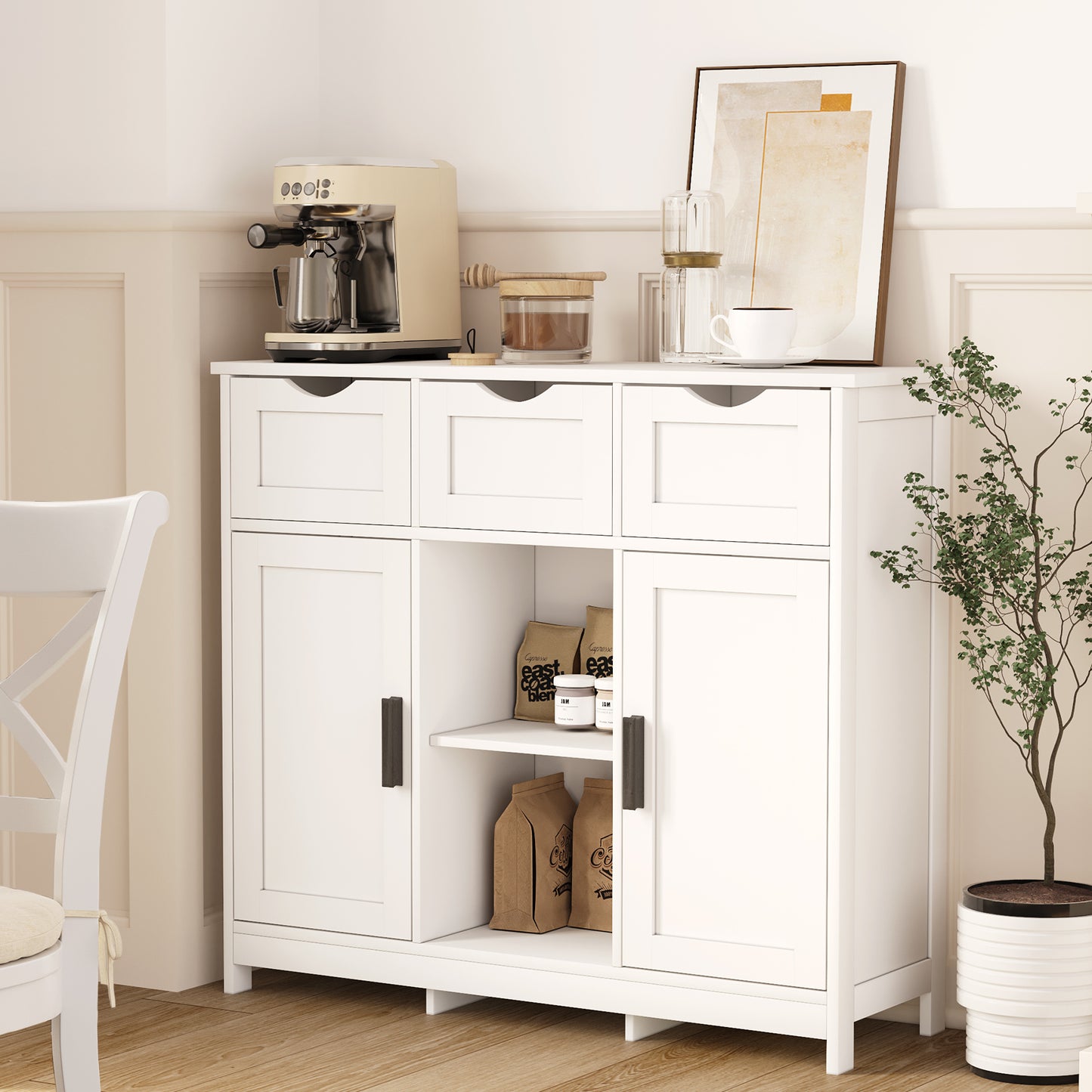 Viva Vanity Multi-Functional White Storage Cabinet with Adjustable Shelves and Drawers – Elegant Organizer for Living Room, Bedroom, and Bathroom