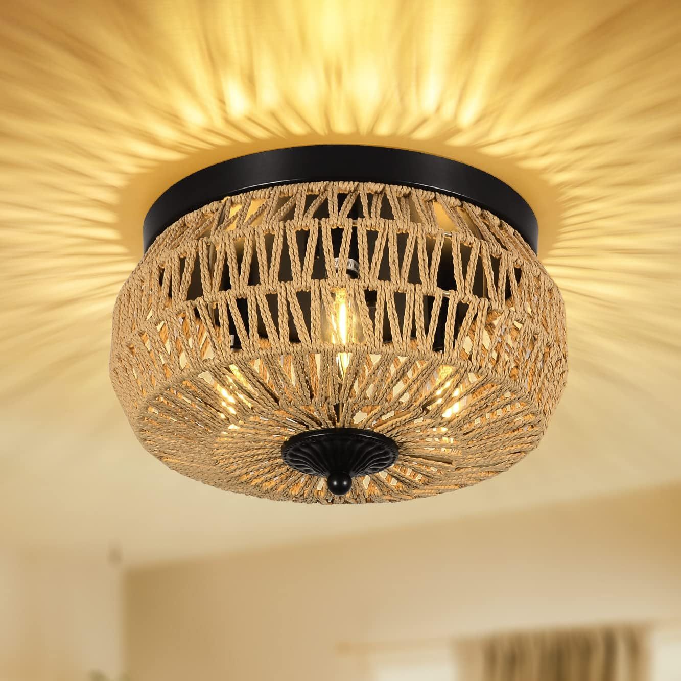Modern Boho Rattan Chandelier – Handmade 3-Light Pendant for Kitchen, Bedroom & Hallway