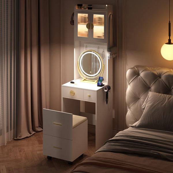 3-Drawer, 2-Door Dressing Table Set with Large LED Round Mirror โ Elegant & Functional Vanity for Your Beauty Space