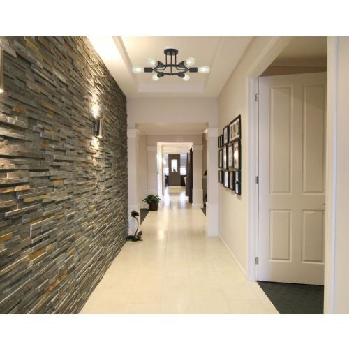 Modern 6-Light Sputnik Chandelier – Semi-Recessed Black Ceiling Light for Dining Room, Living Room & Entryway