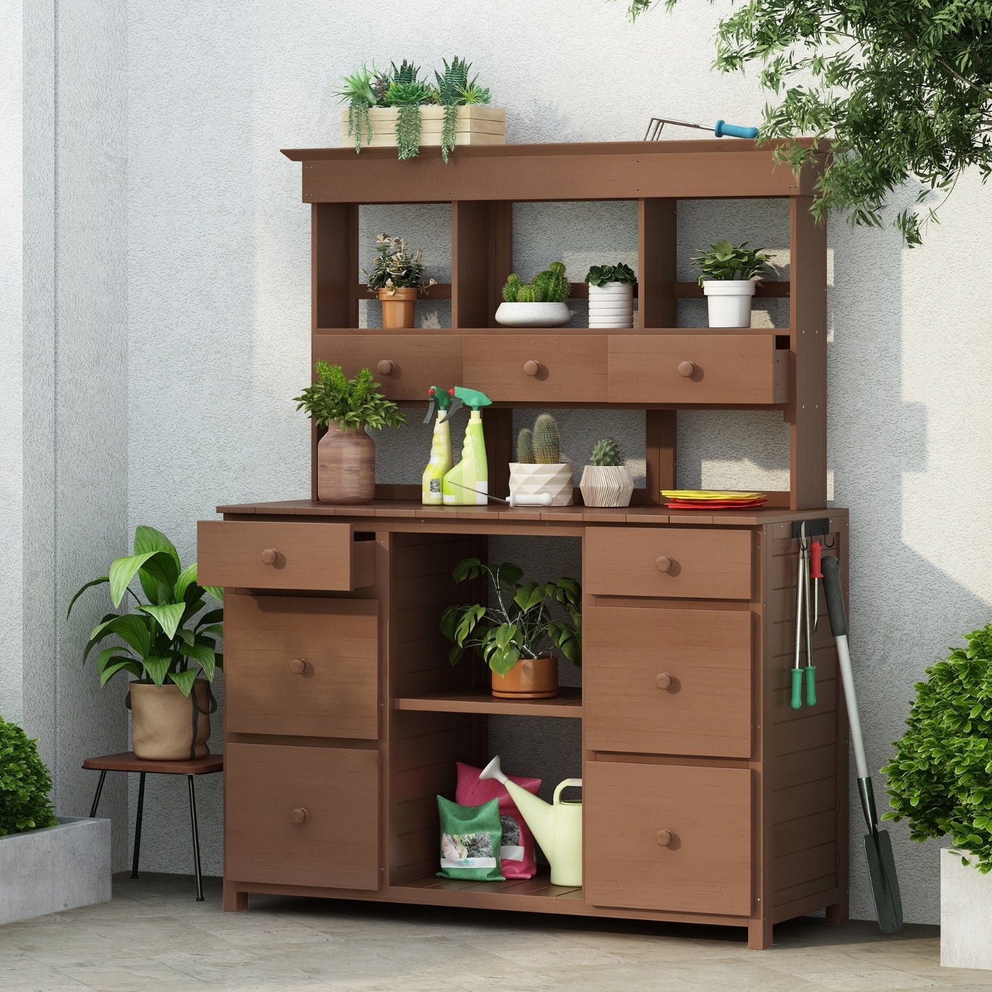 Video Provided TOPMAX Garden Potting Bench Table, Rustic And Sleek Design With Multiple Drawers An
