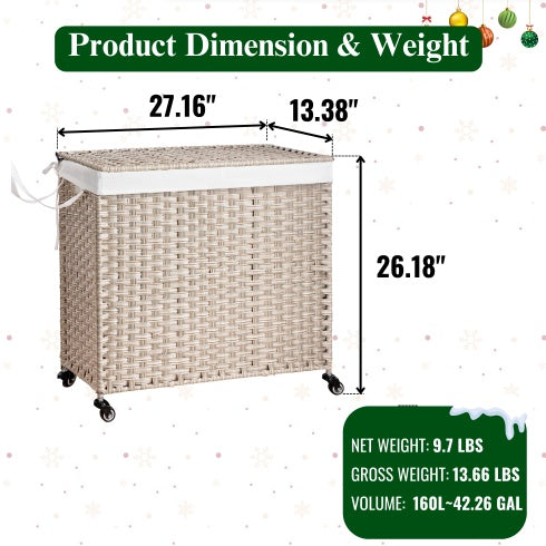 Viva Atelier Cascade 160L Rattan Laundry Hamper with Lid & Removable Bags