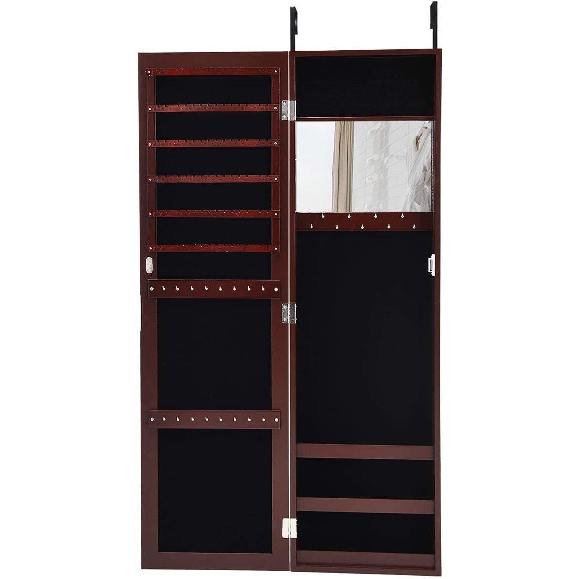 2-in-1 Dark Brown Wall or Door Mounted Jewelry Organizer with Full-Length Mirror – Elegant & Space-Saving