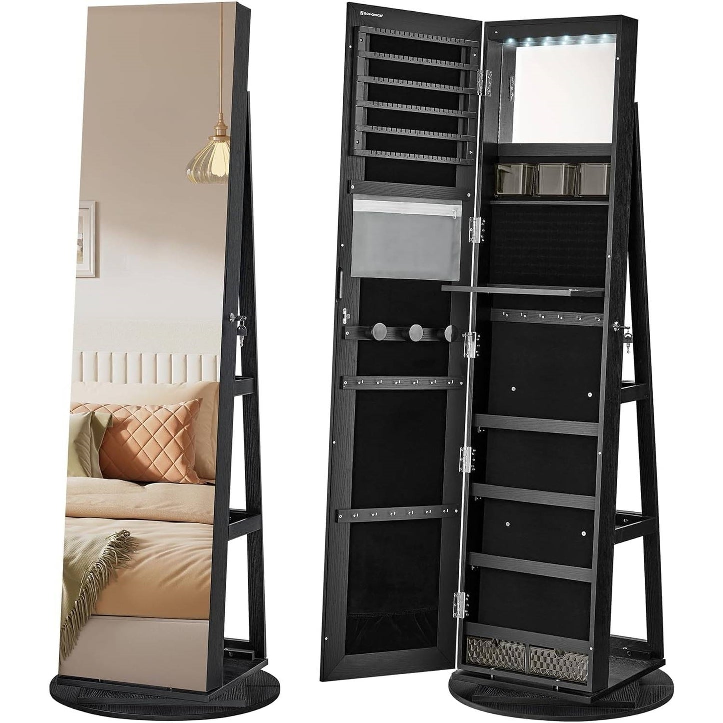 Black Wood Jewelry Cabinet Armoire Organizer with Freestanding Rotating Mirror β Stylish & Functional Storage Solution