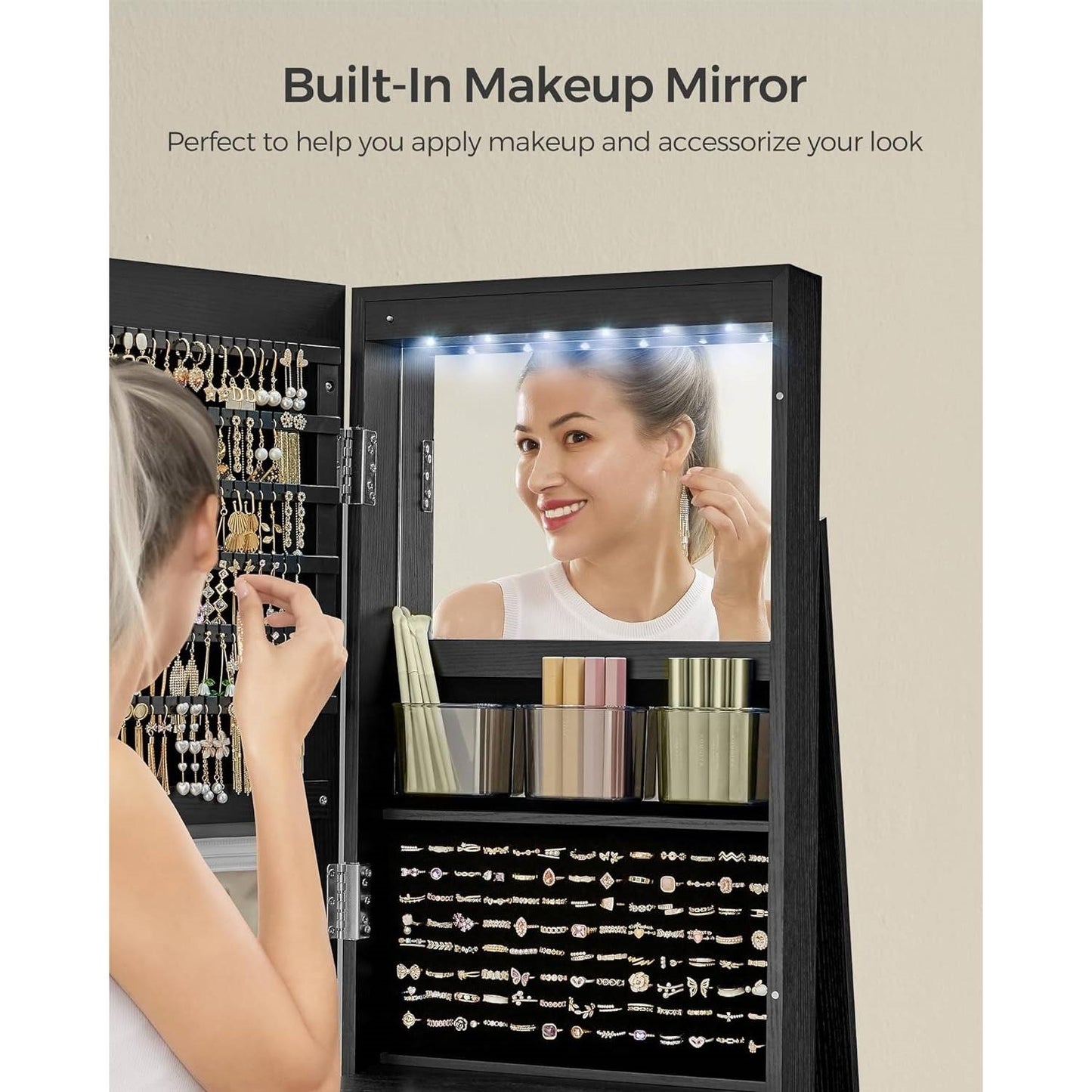 Black Wood Jewelry Cabinet Armoire Organizer with Freestanding Rotating Mirror β Stylish & Functional Storage Solution