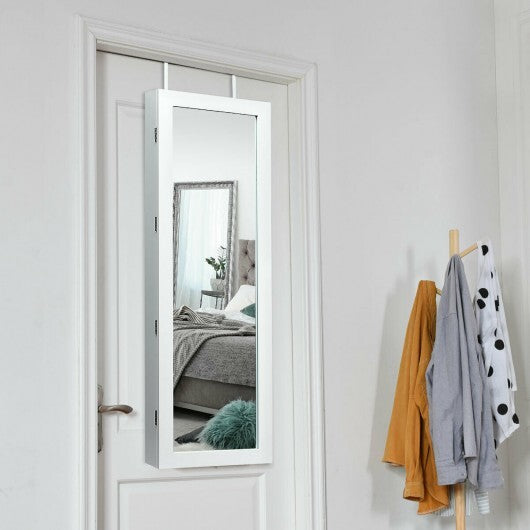 Lockable Wall/Door Mounted Mirror Jewelry Cabinet with LED Lights – White