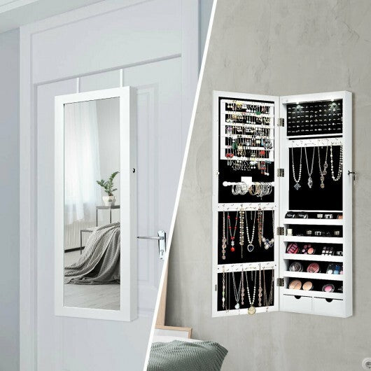 Lockable Wall/Door Mounted Mirror Jewelry Cabinet with LED Lights – White