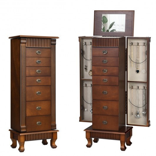 Wooden Jewelry Armoire Cabinet Storage Chest with Drawers & Swing Doors – Brown