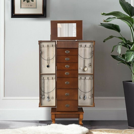 Wooden Jewelry Armoire Cabinet Storage Chest with Drawers & Swing Doors – Brown